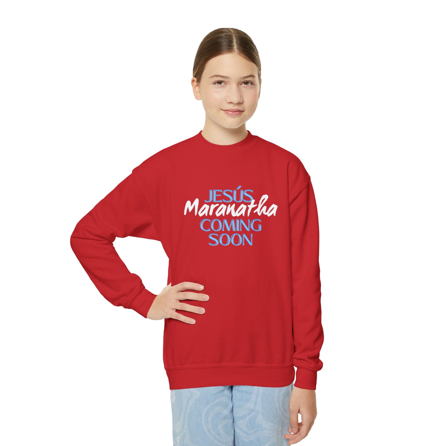 Youth Crewneck Sweatshirt - JESÚS MARANATHA COMING SOON - Faith-Inspired Apparel for Teens