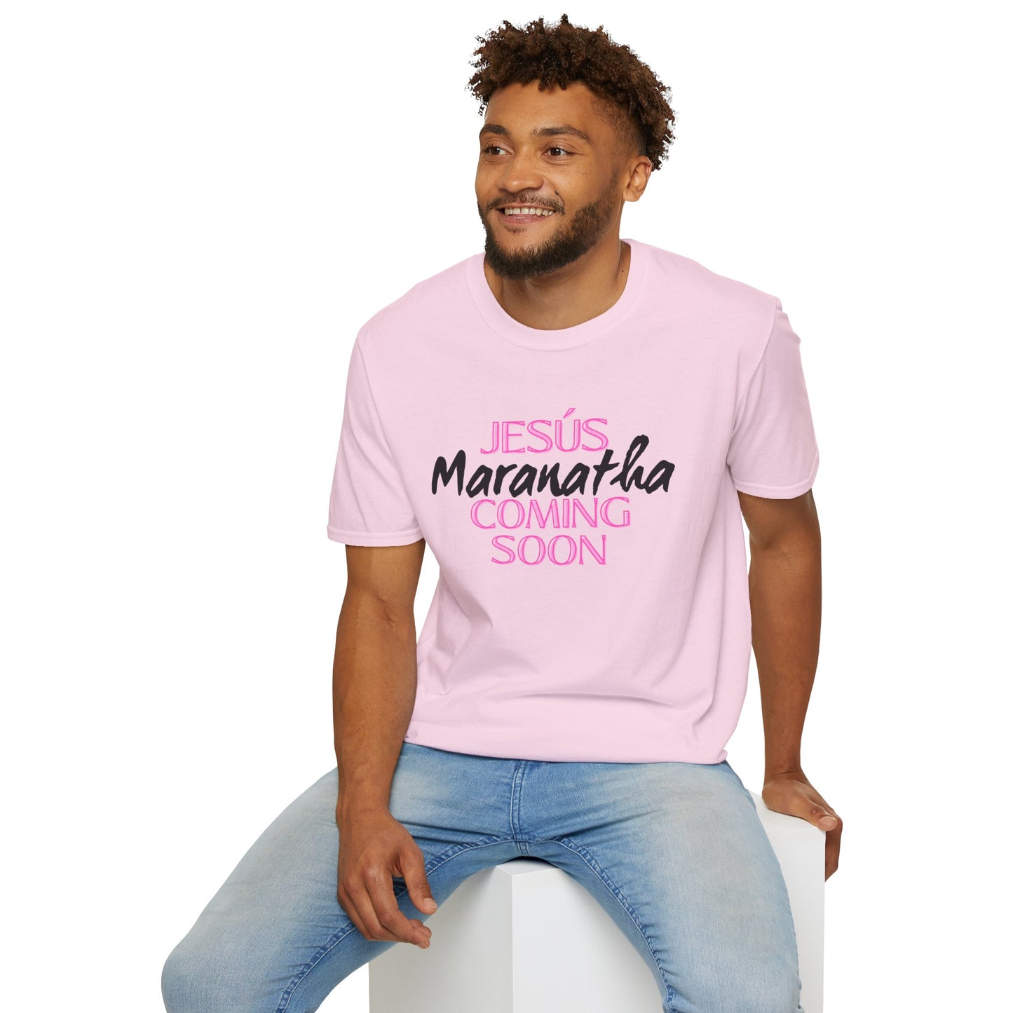 Pink lt of Unisex Softstyle T-Shirt - 'Jesús Maranatha Coming Soon' Spiritual Tee