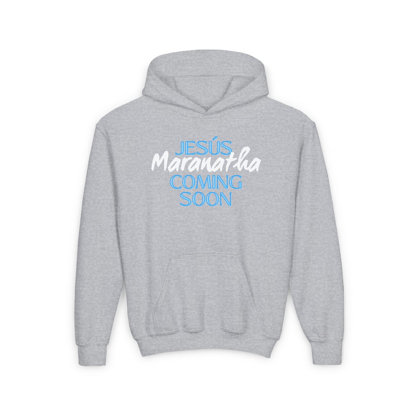 Youth Heavy Blend Hoodie with 'Jesus Maranatha Coming Soon' Design - Faith-Inspired Apparel for Teens