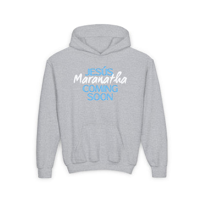 Youth Heavy Blend Hoodie with 'Jesus Maranatha Coming Soon' Design - Faith-Inspired Apparel for Teens