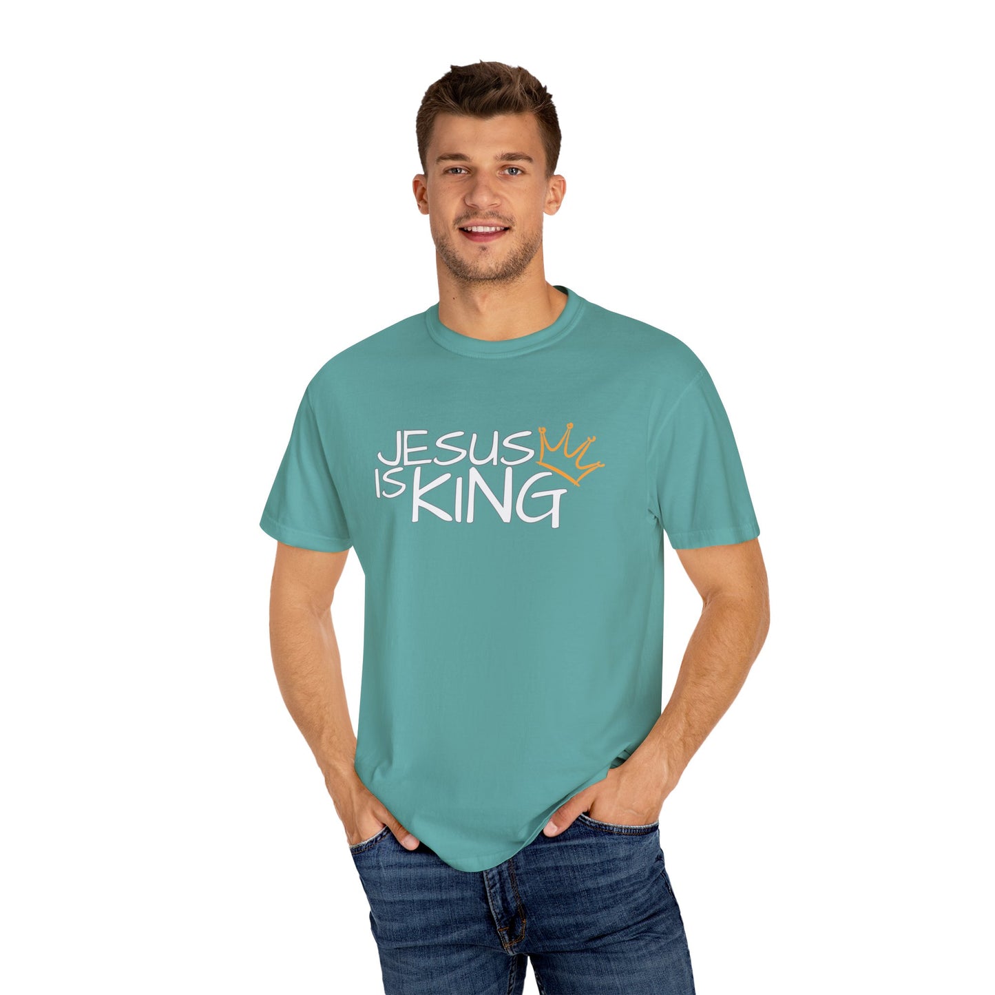 Unisex Garment-Dyed T-Shirt with 'Jesus is King' Print, Faith-Based Apparel, Christian Gift, Casual Wear, Church Event, Spiritual Expression