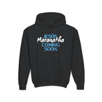 Youth Heavy Blend Hoodie with 'Jesus Maranatha Coming Soon' Design - Faith-Inspired Apparel for Teens