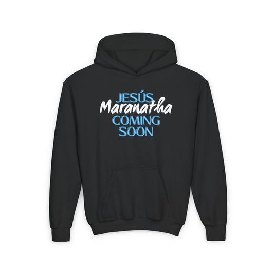 Youth Heavy Blend Hoodie with 'Jesus Maranatha Coming Soon' Design - Faith-Inspired Apparel for Teens