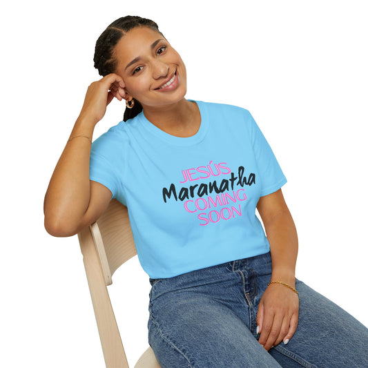 Pink lt of Unisex Softstyle T-Shirt - 'Jesús Maranatha Coming Soon' Spiritual Tee