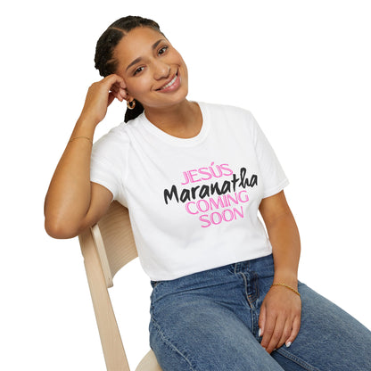 Pink lt of Unisex Softstyle T-Shirt - 'Jesús Maranatha Coming Soon' Spiritual Tee