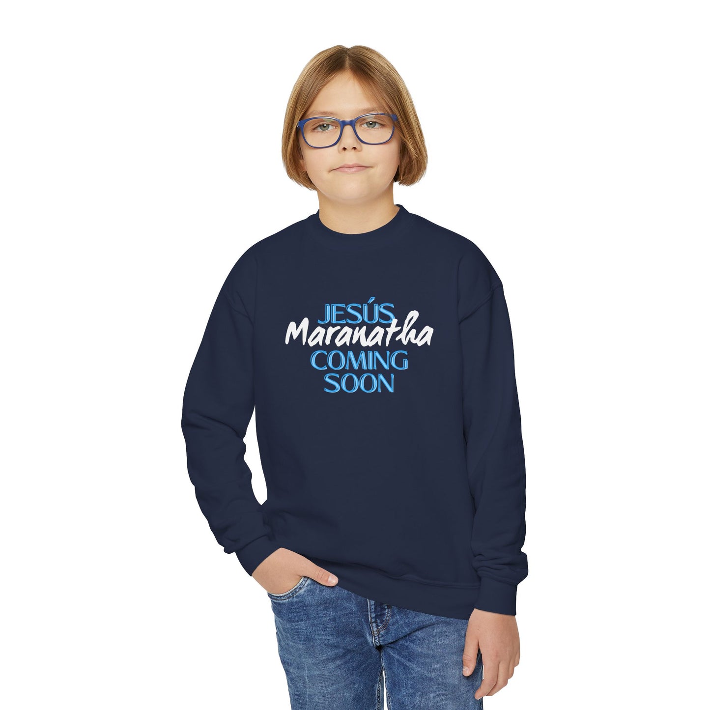 Youth Crewneck Sweatshirt - JESÚS MARANATHA COMING SOON - Faith-Inspired Apparel for Teens