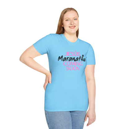 Pink lt of Unisex Softstyle T-Shirt - 'Jesús Maranatha Coming Soon' Spiritual Tee