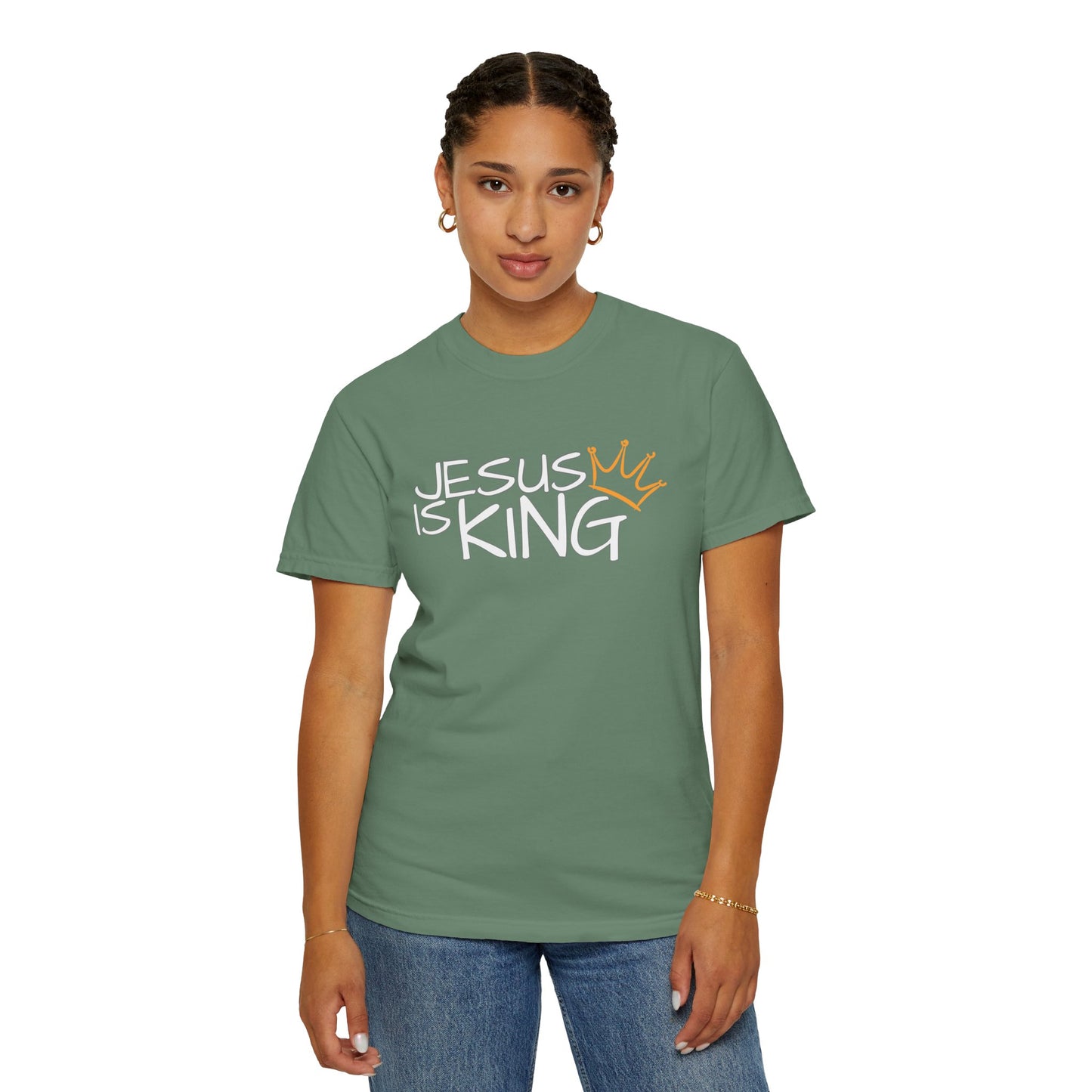 Unisex Garment-Dyed T-Shirt with 'Jesus is King' Print, Faith-Based Apparel, Christian Gift, Casual Wear, Church Event, Spiritual Expression