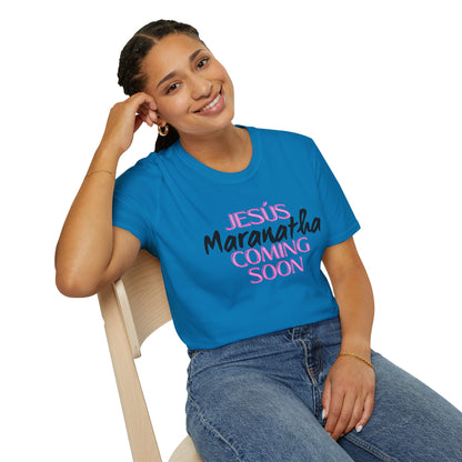 Pink lt of Unisex Softstyle T-Shirt - 'Jesús Maranatha Coming Soon' Spiritual Tee