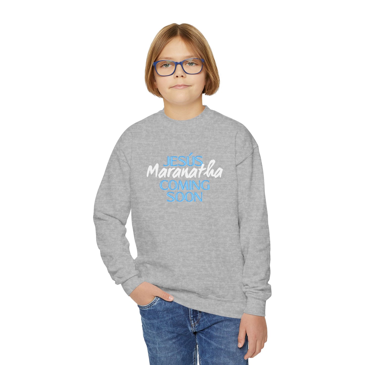 Youth Crewneck Sweatshirt - JESÚS MARANATHA COMING SOON - Faith-Inspired Apparel for Teens