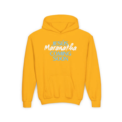 Youth Heavy Blend Hoodie with 'Jesus Maranatha Coming Soon' Design - Faith-Inspired Apparel for Teens