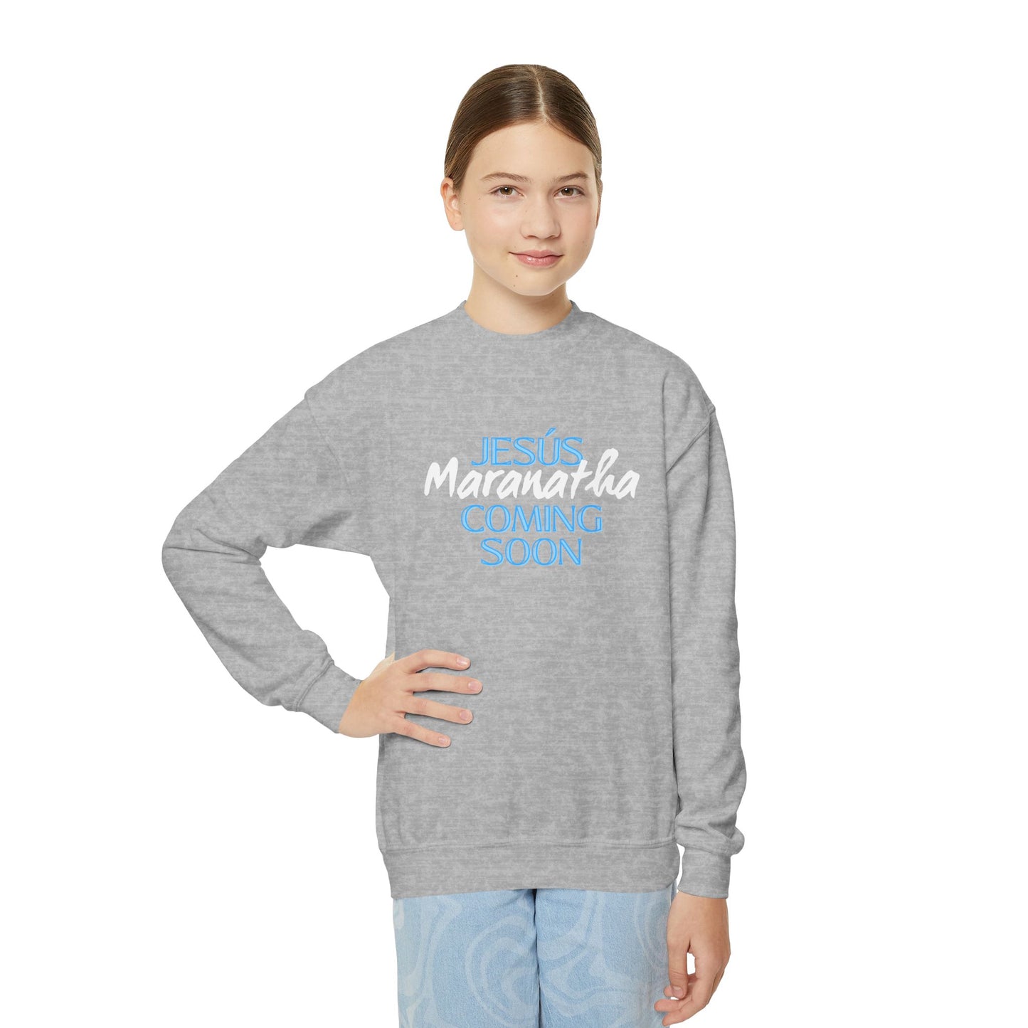 Youth Crewneck Sweatshirt - JESÚS MARANATHA COMING SOON - Faith-Inspired Apparel for Teens