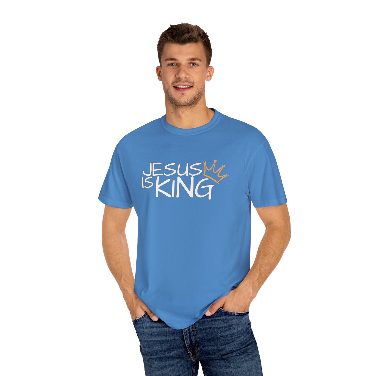 Unisex Garment-Dyed T-Shirt with 'Jesus is King' Print, Faith-Based Apparel, Christian Gift, Casual Wear, Church Event, Spiritual Expression