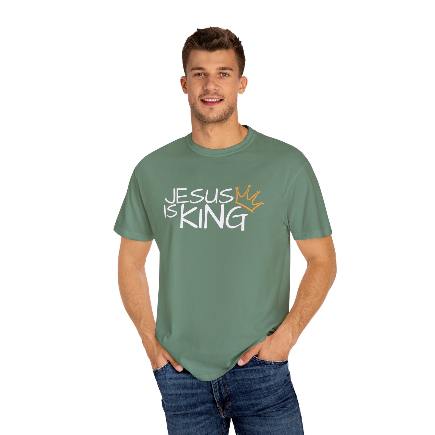 Unisex Garment-Dyed T-Shirt with 'Jesus is King' Print, Faith-Based Apparel, Christian Gift, Casual Wear, Church Event, Spiritual Expression