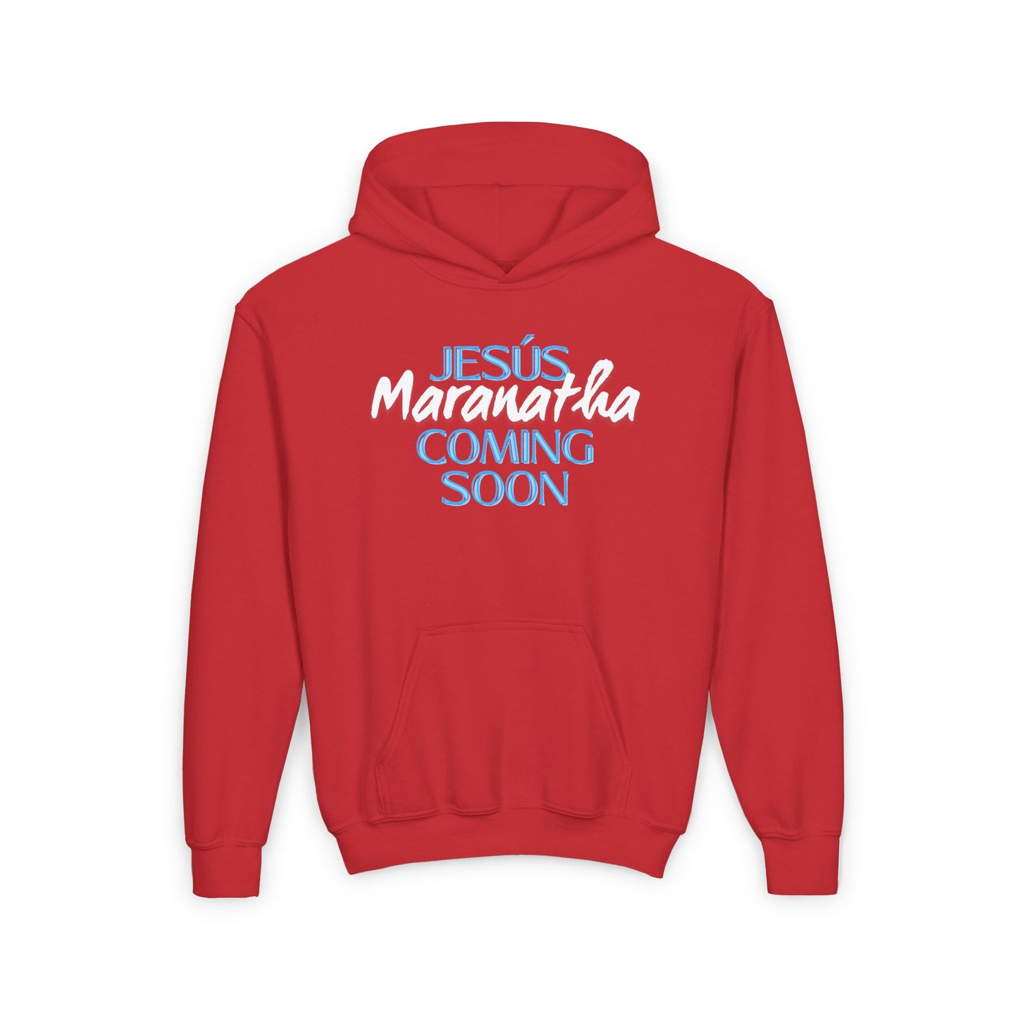 Youth Heavy Blend Hoodie with 'Jesus Maranatha Coming Soon' Design - Faith-Inspired Apparel for Teens