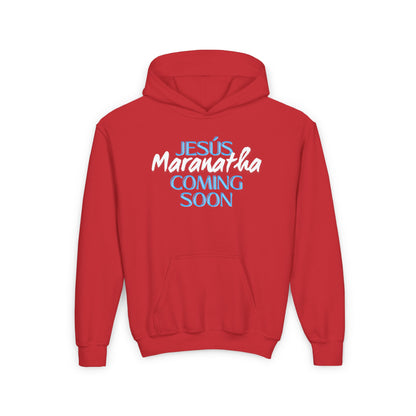 Youth Heavy Blend Hoodie with 'Jesus Maranatha Coming Soon' Design - Faith-Inspired Apparel for Teens